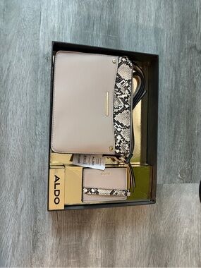 ALDO Beige Crossbody with Snake-Print Accent and Matching Card Case